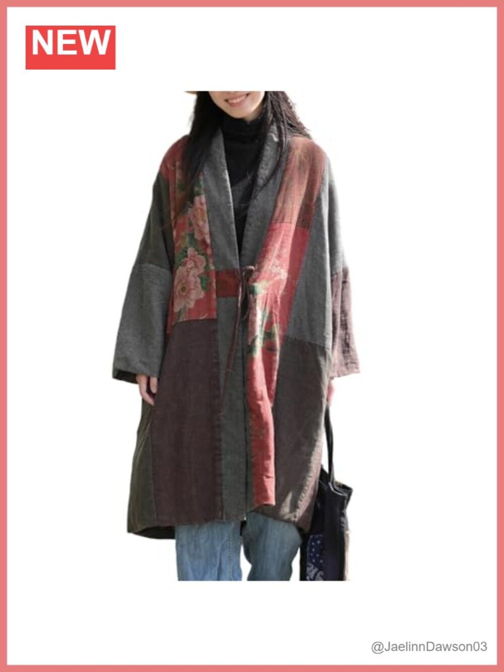 Quilted Kimono Jacket Linen Cotton Patchwork Long Coat with Pockets